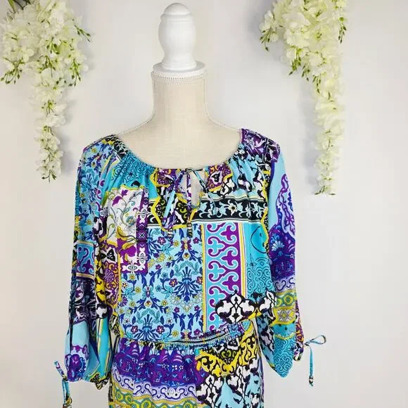 Cache Mini Blouson Dress Small Blue Purple Patchwork Boho Y2K Eclectic Artsy - Picture 3 of 11